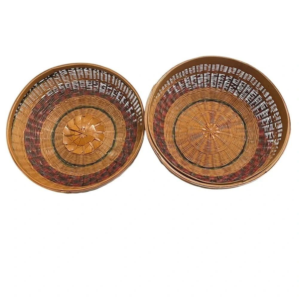 Rare Vintage Chinese Woven Bamboo Lidded Basket Round Storage Decor 7”